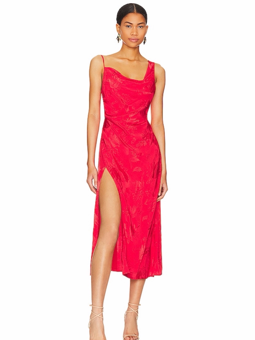 Lovers + Friends Red Satin Slip Midi Dress With High Slit